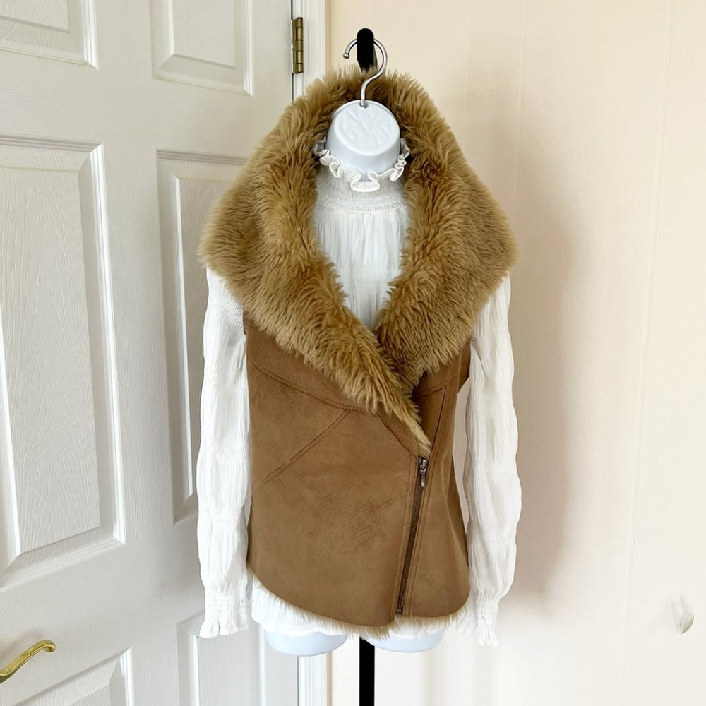 Sabine Brown/Tan, Faux Leather/Faux Fur Collar Vest Jacket Woman's  Size S